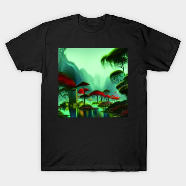 Magical Landscape Of a Lake And Colorful Plants T-Shirt by Promen Art